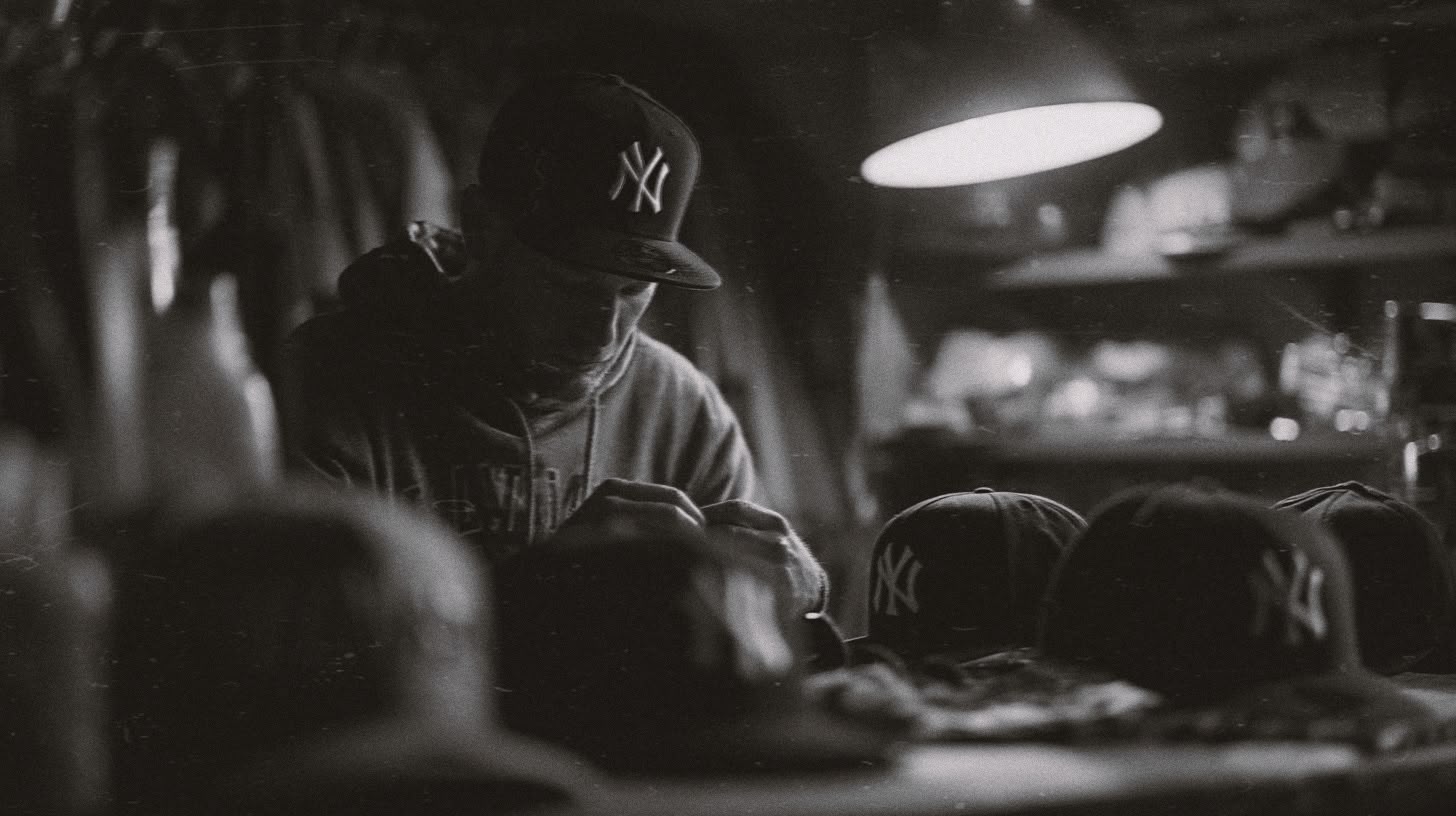 Collector inspecting New York caps in a workshop
