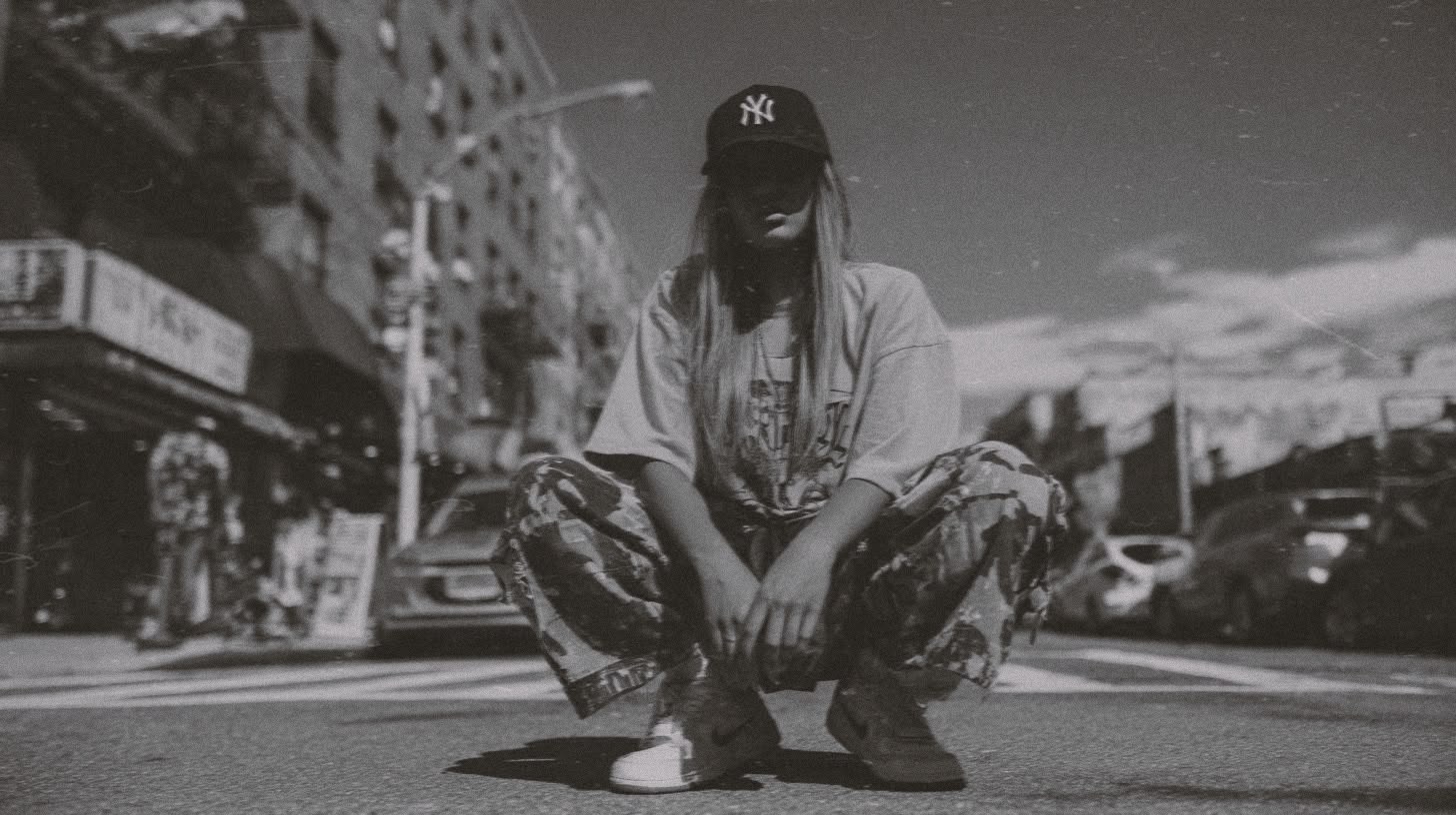 Collector in a New York cap crouching on the street